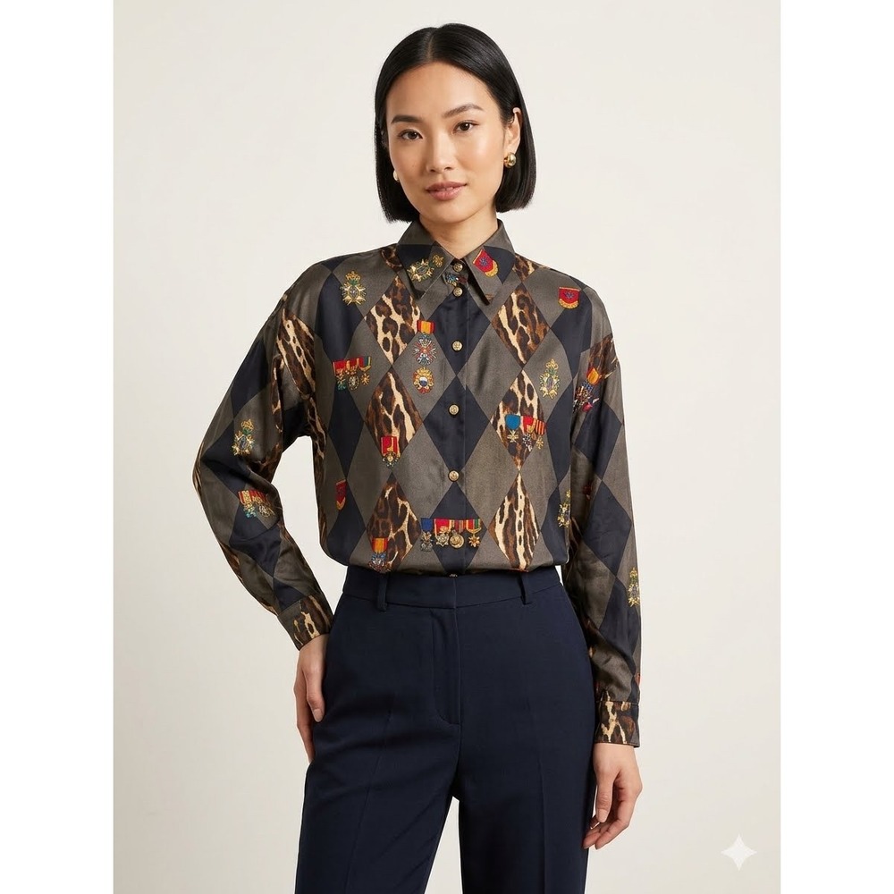 Escada Margaretha Ley Silk Button Down Shirt Harlequin Leopard Vintage Medium 38